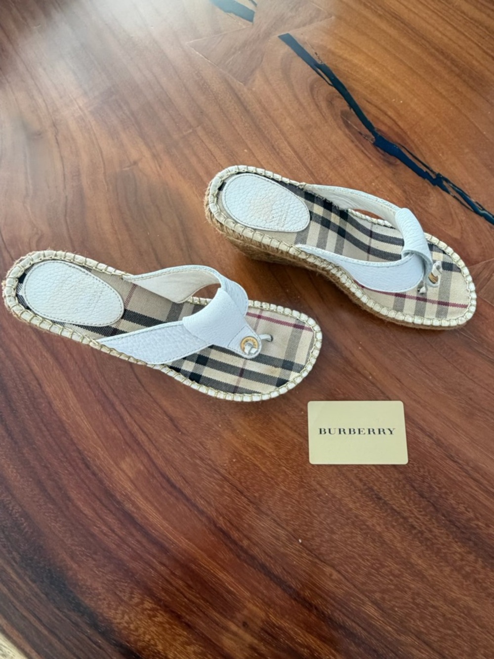 Burberry White Leather Thong Espadrille Wedge Sandals with Classic Check